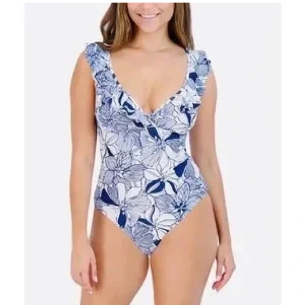 NWT Stella Parker Collection blue white floral print ruffle one-piece swimsuit